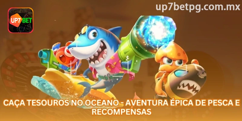 Cenário de Caça Tesouros no Oceano com baús e criaturas